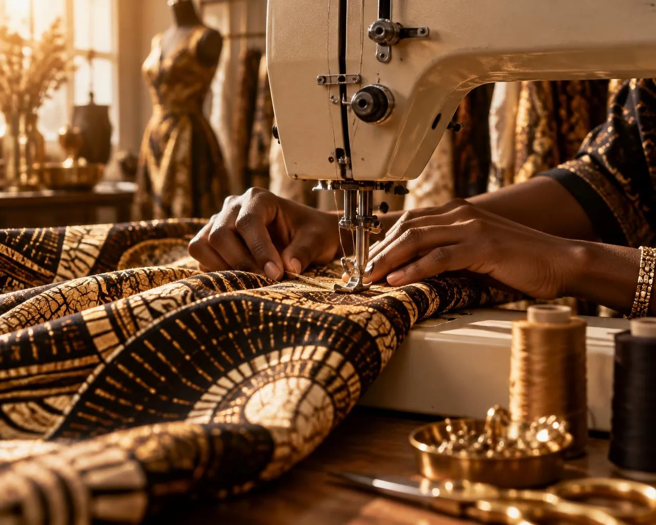 Mains guidant un tissu à motifs sous l'aiguille d'une machine à coudre (image d'illustration)