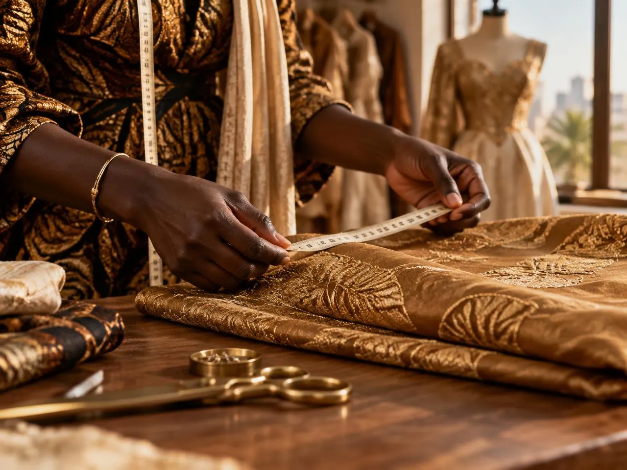 Mains d'une couturière prenant des mesures sur un tissu brodé (image d'illustration)